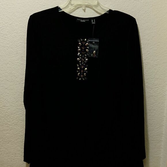 NWOT Susan Graver Artisan Liquid Knit Black Top Overlay Jewel Embellished Small - Picture 1 of 13